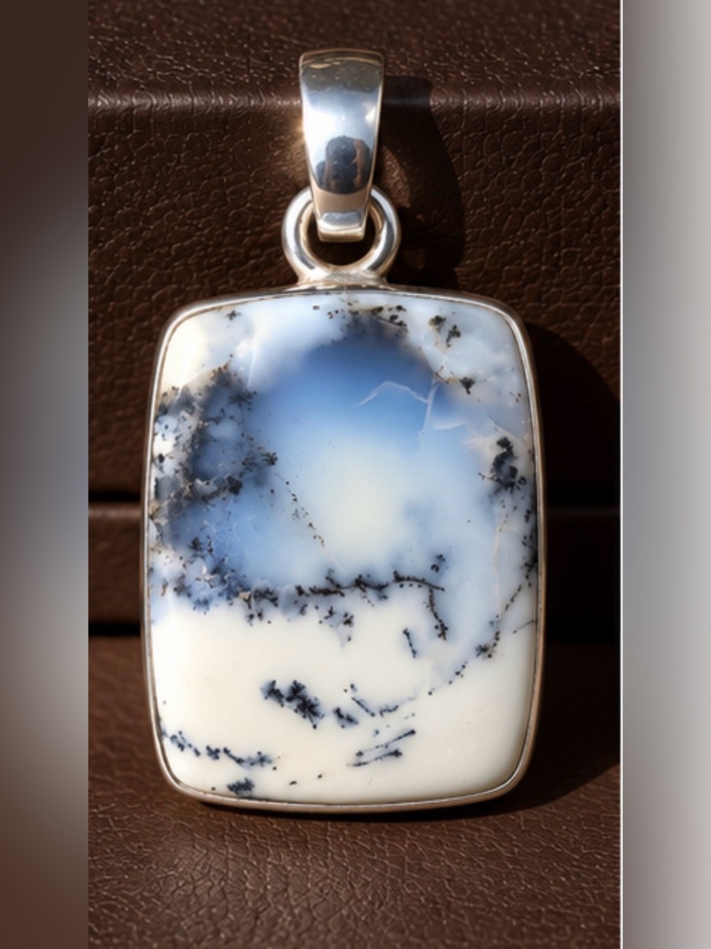 925 sterling silver Dendritic Opal Rectangle Pendant in White and Blue -